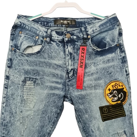 Reason Hip Hop Jeans Mens Sz. 36 Acid Wash Distressed Graphic Patches Zi… - Picture 1 of 9